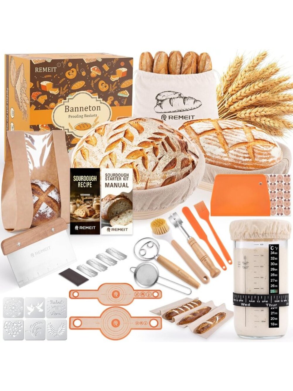 Sourdough Starter Kit with Proofing Baskets, Dough Whisk & Baking Tools Set